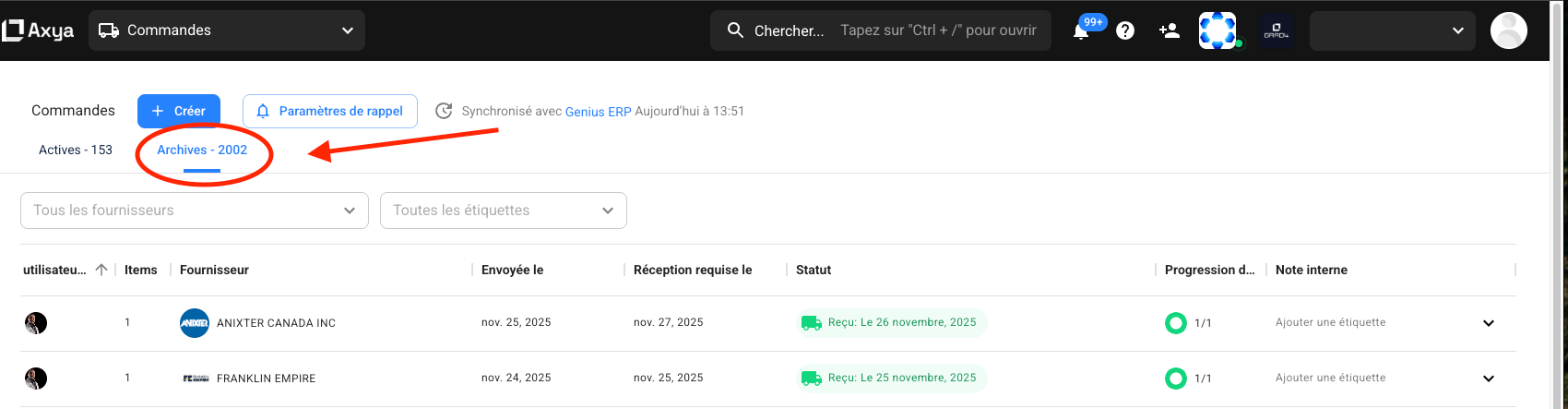 Archived orders section