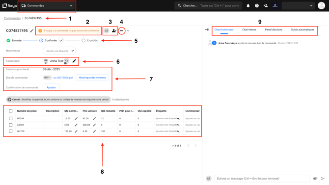 PO details page layout with numbered sections