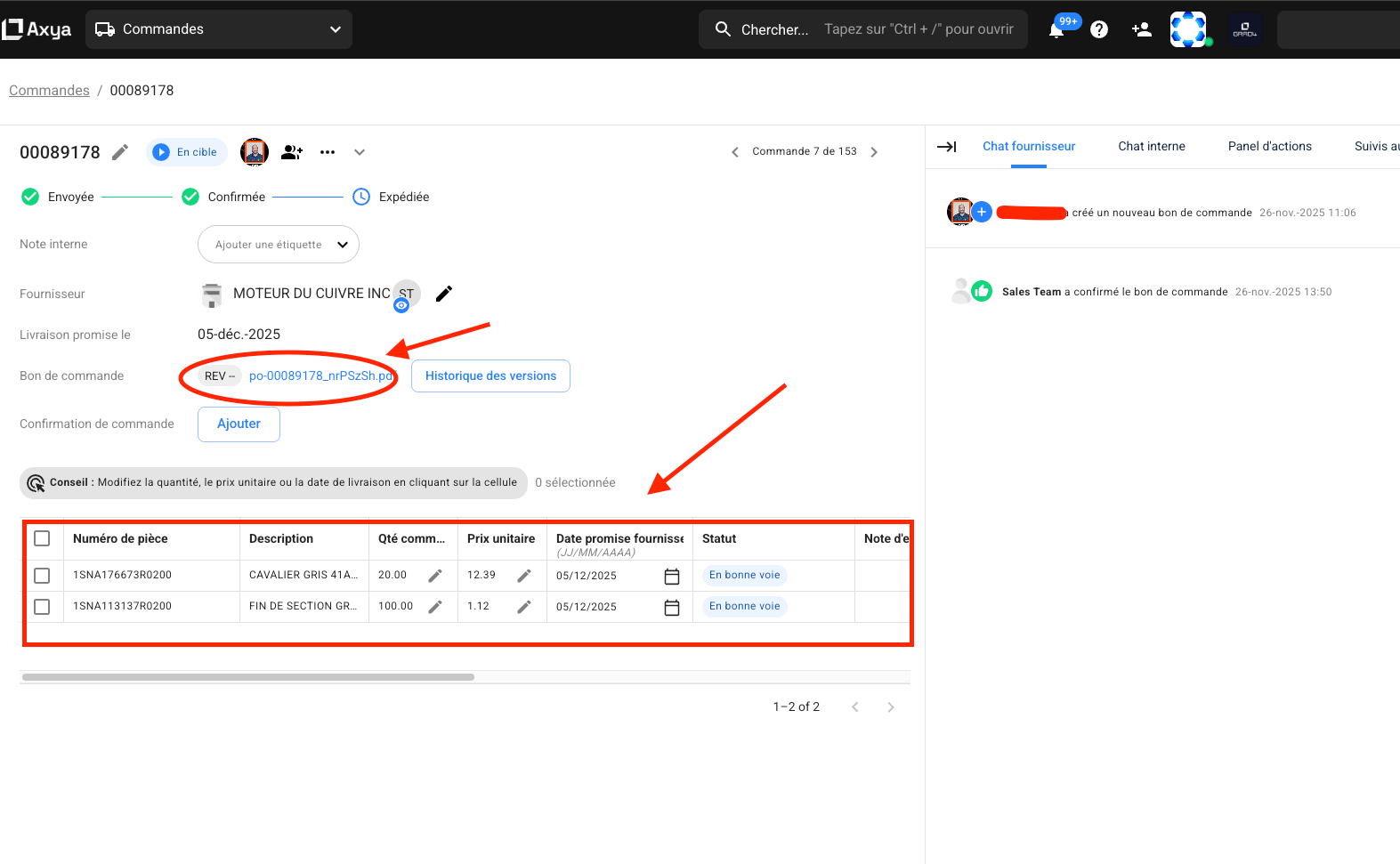 Order details view showing part numbers, quantities, and delivery dates
