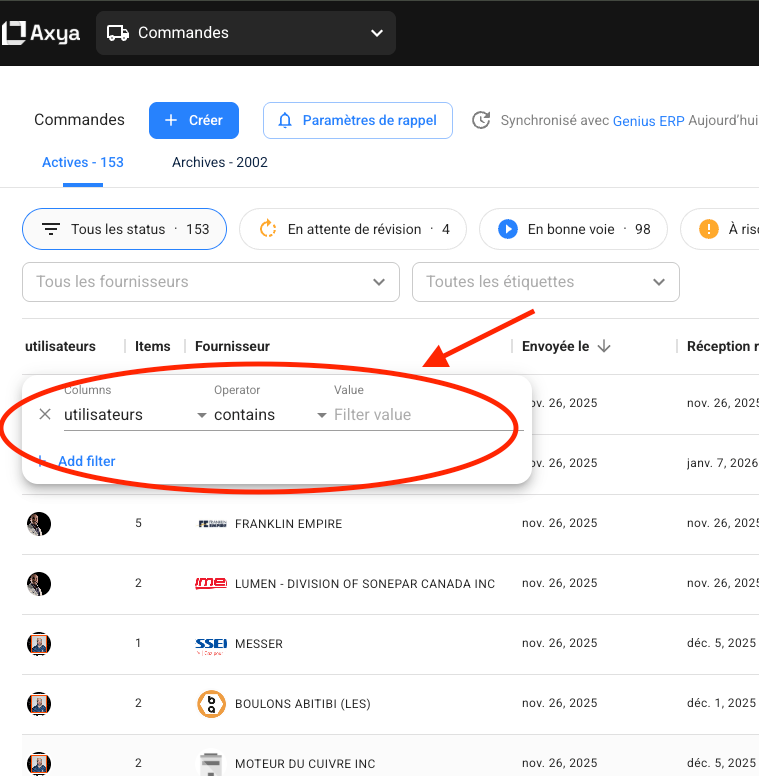 Filter criteria options including supplier, labels, and more