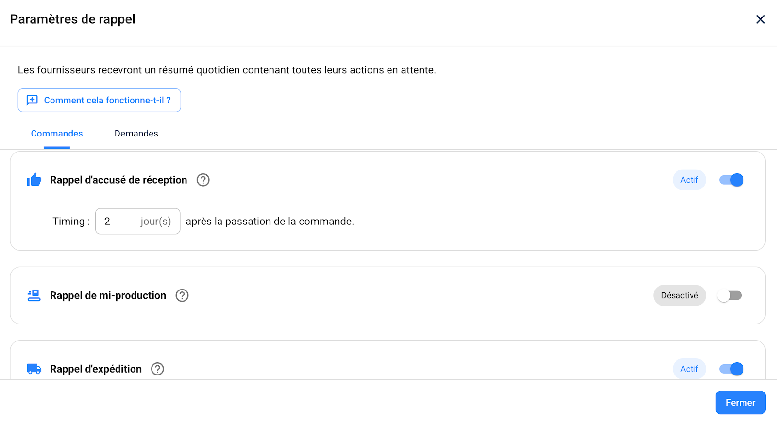 Three reminder types configuration interface
