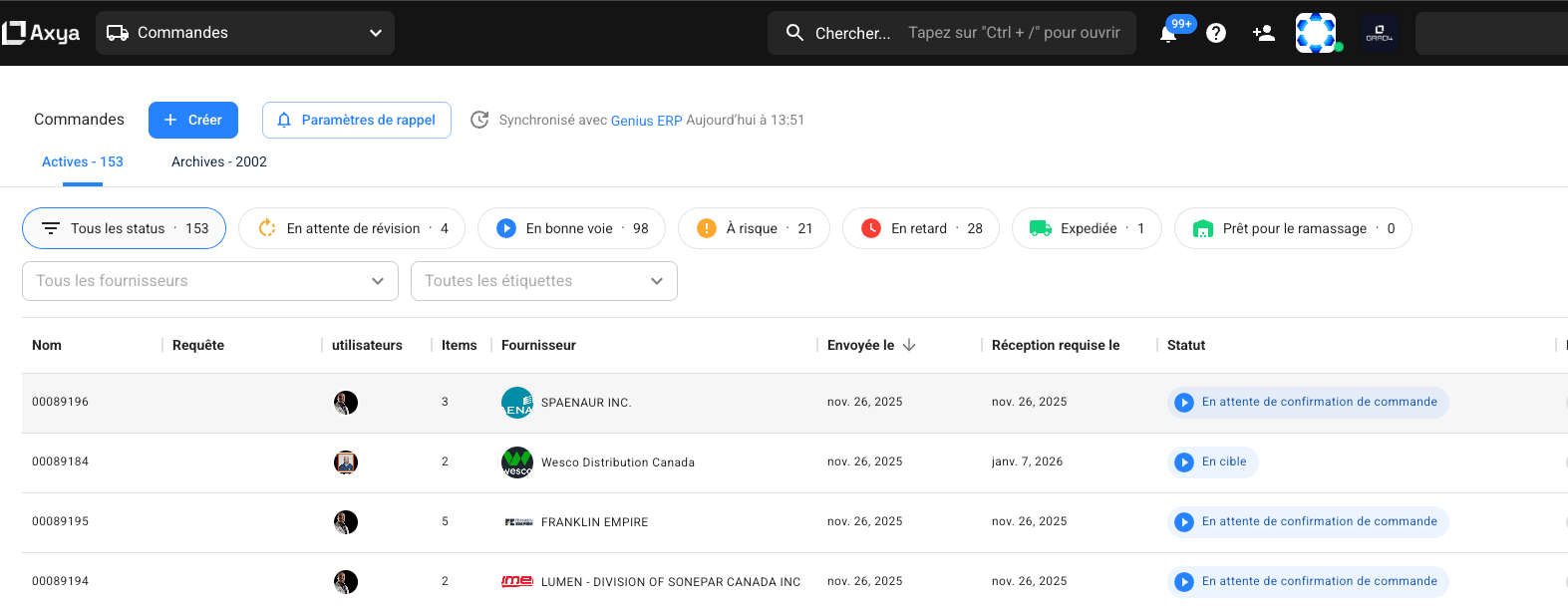 Order status categories showing pending, on-track, at-risk, and delayed states