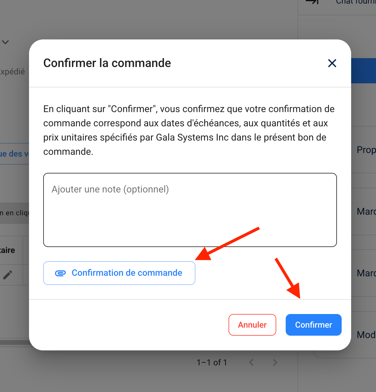 Confirmation dialog with message and attachment options