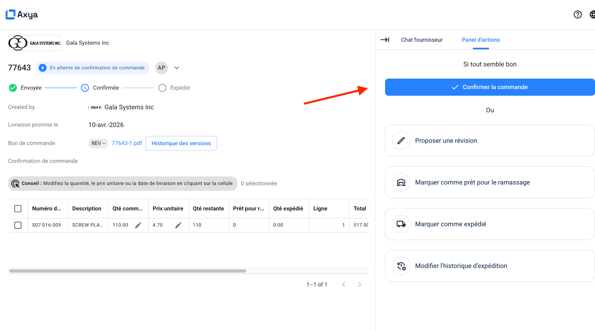 Order confirmation interface in the supplier portal