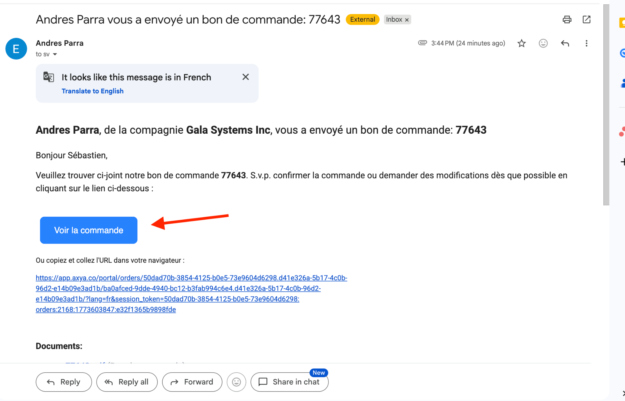 Email notification received by supplier when a customer sends a PO