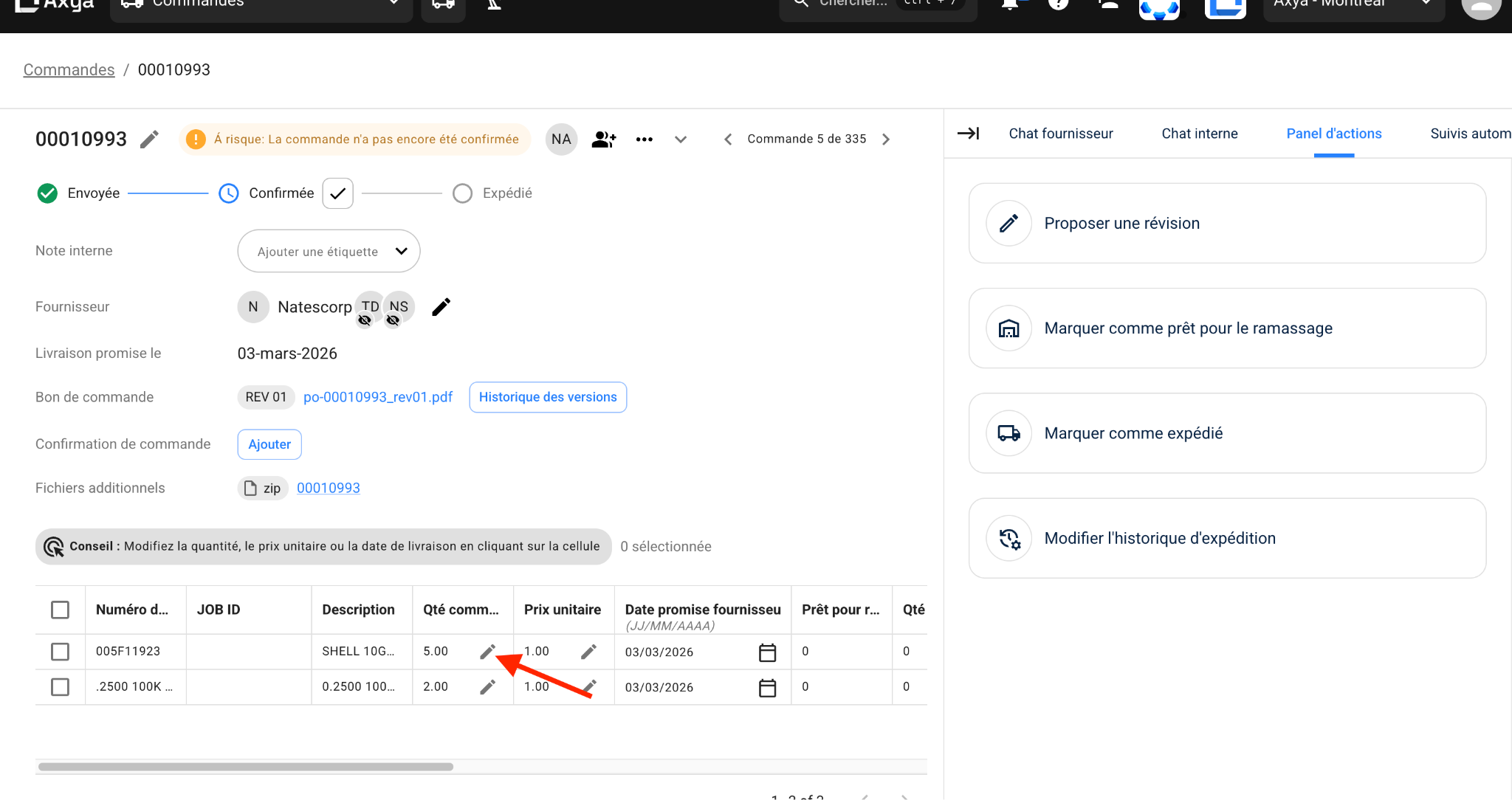 Quantity edits interface in the supplier portal