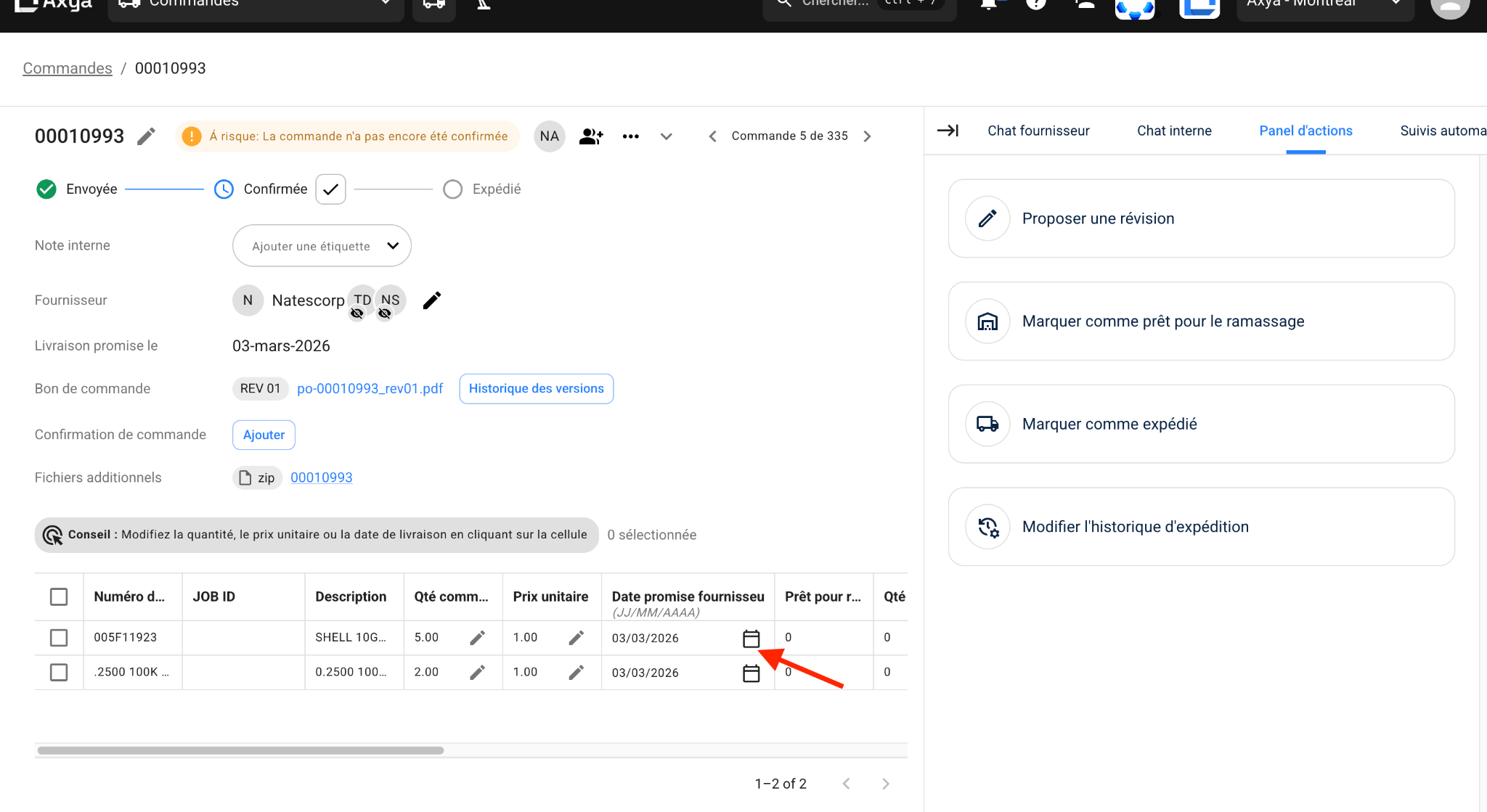Shipment reporting interface showing shipping history