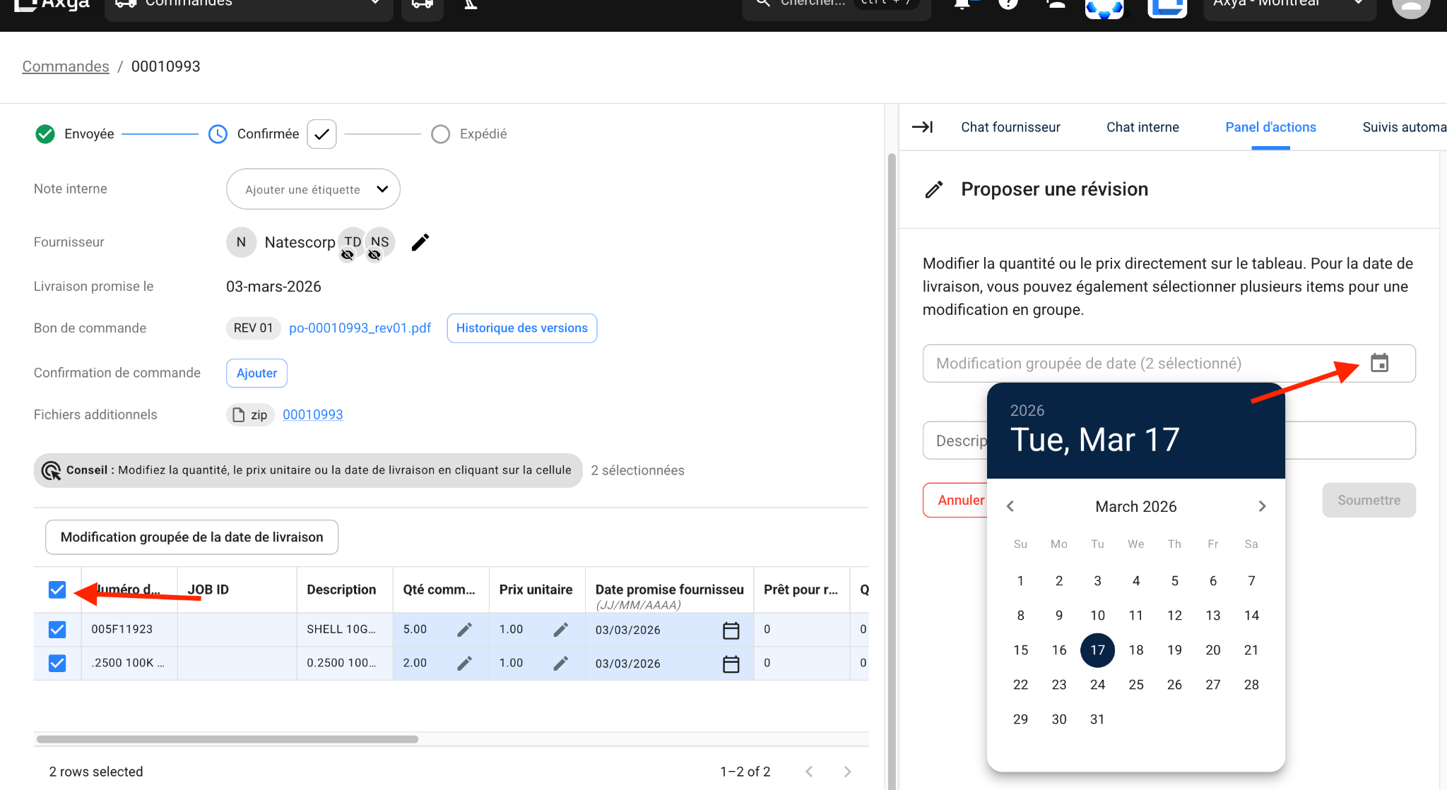 Shipment tracking details with dates and quantities