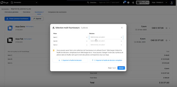 Manual line-by-line award assignment interface