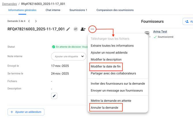 Three-dot menu options available on an RFQ