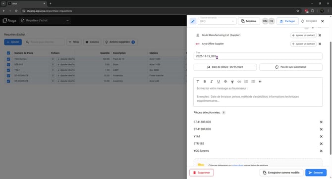 RFQ parameter settings including title, closure date, and additional options