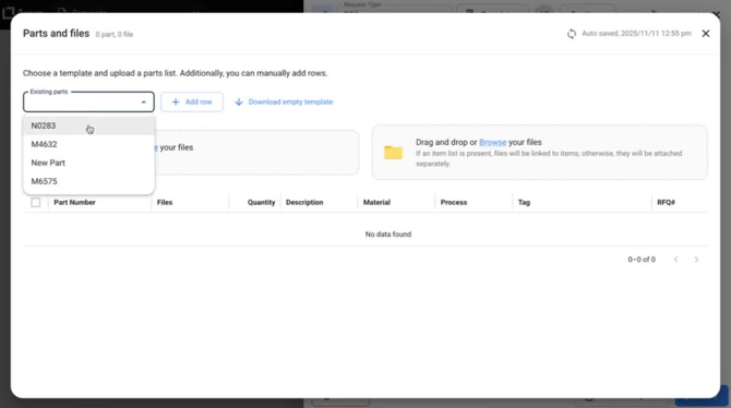 Parts and Files tab interface for selecting existing parts