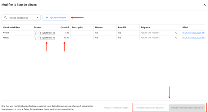 Parts list modification view