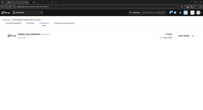 Simplified supplier response interface showing total price and delivery timeframe