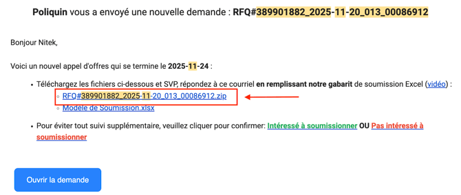 Documents available section in the RFQ email sent to suppliers